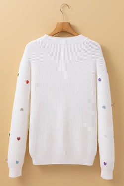 Beige Sequin Heart Waffle Knit Crew Neck Sweater