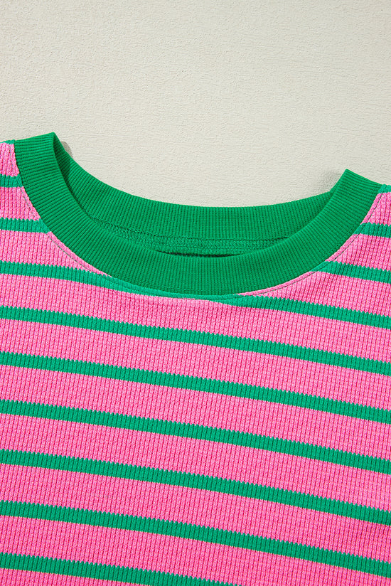 Plus Size Pink Striped Waffle Knit Crew Neck Sweatshirt