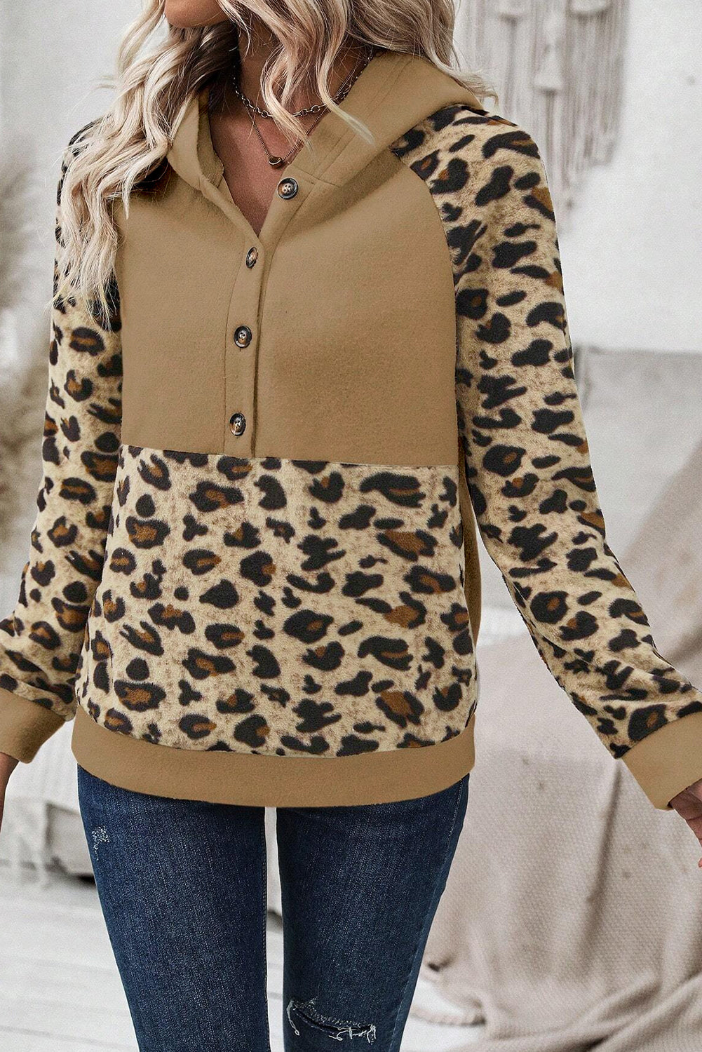 Light Beige Leopard Print Patchwork Half Button Raglan Sleeve Hoodie