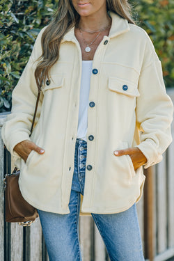 Beige button-down shirt jacket with turn-down collar