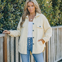 Beige button-down shirt jacket with turn-down collar
