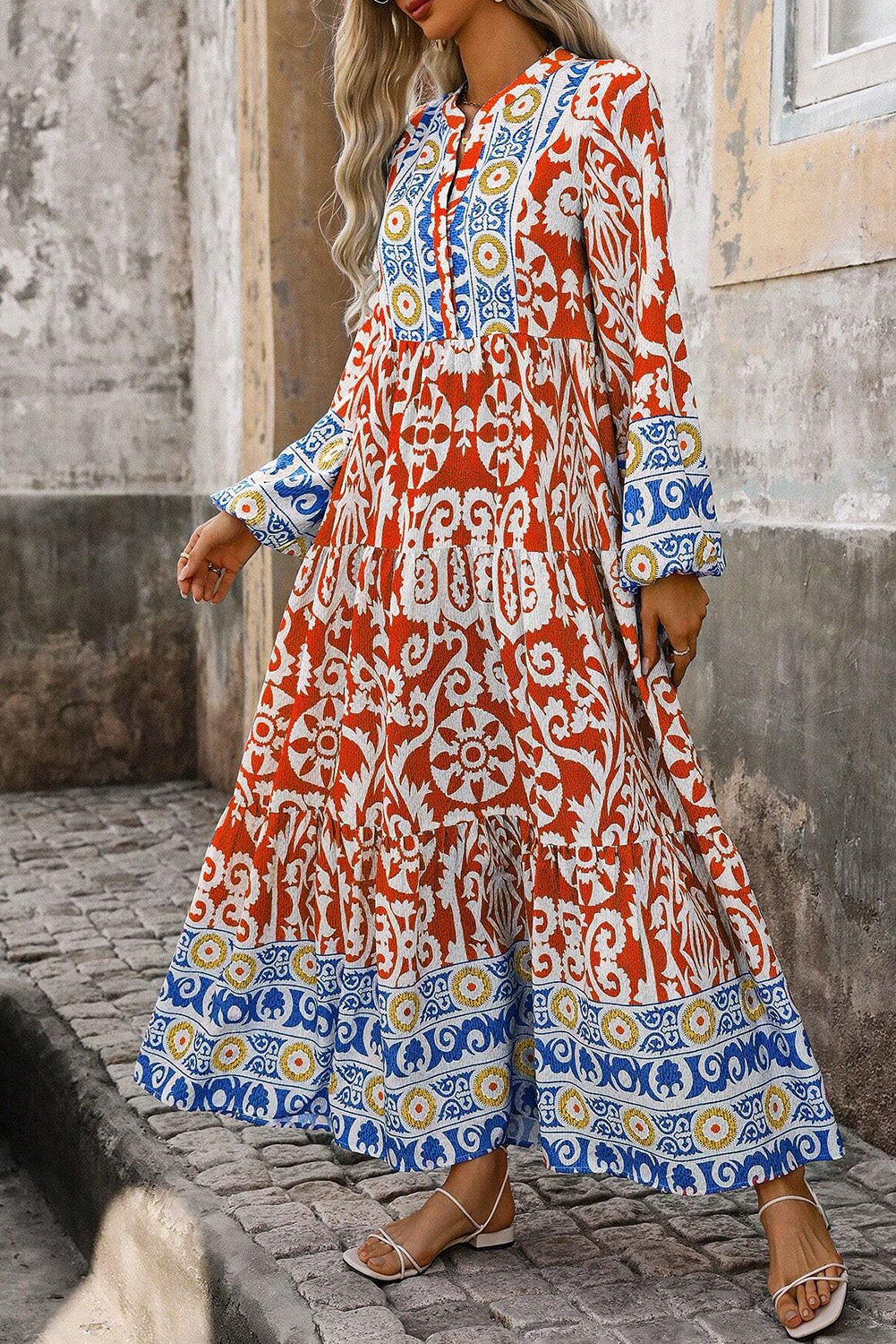 Orange Boho Geométrico impreso en manga larga MAXI MAXI Vestido