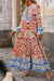 Orange Long Sleeve Boho Geometric Print Maxi Dress