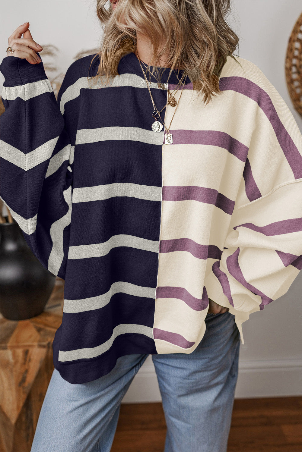 Blue striped color block oversized sweater