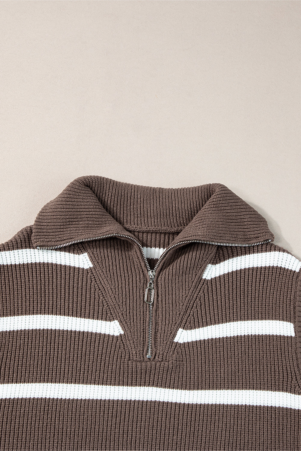 Brown Stripe Zipped Collar Cap Sleeve Knit Top