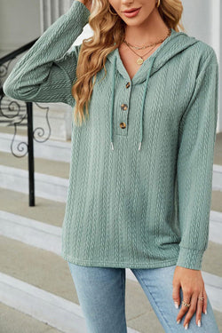 Mint Green Textured Drawstring Hooded Long Sleeve Button Front Top