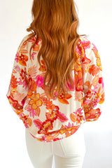 Chemisier à imprimé floral et bouton perlé avec trou de serrure à manches longues bouffantes orange-A WOMAN WE LOVE