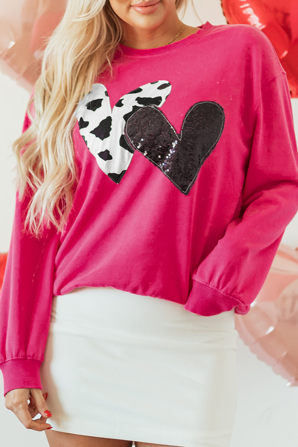 Sweat-shirt graphique à double cœur et paillettes rose fraise
