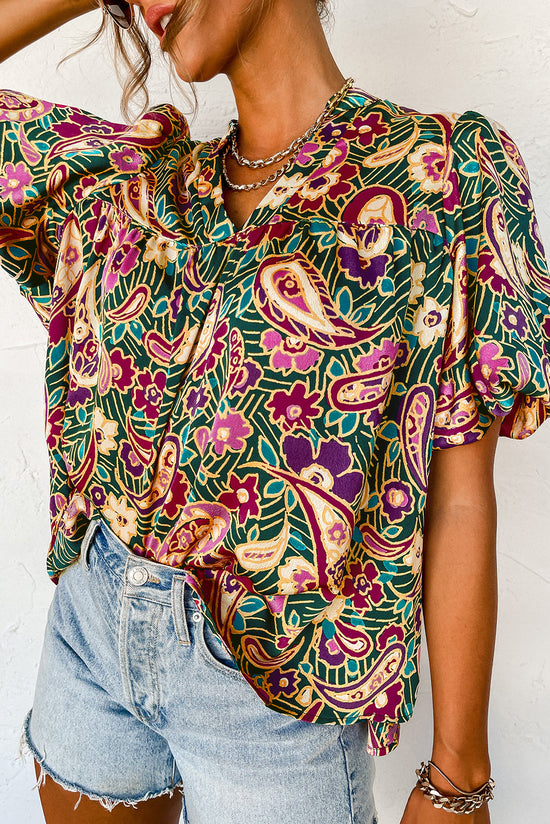 Green paisley blouse in v * collar