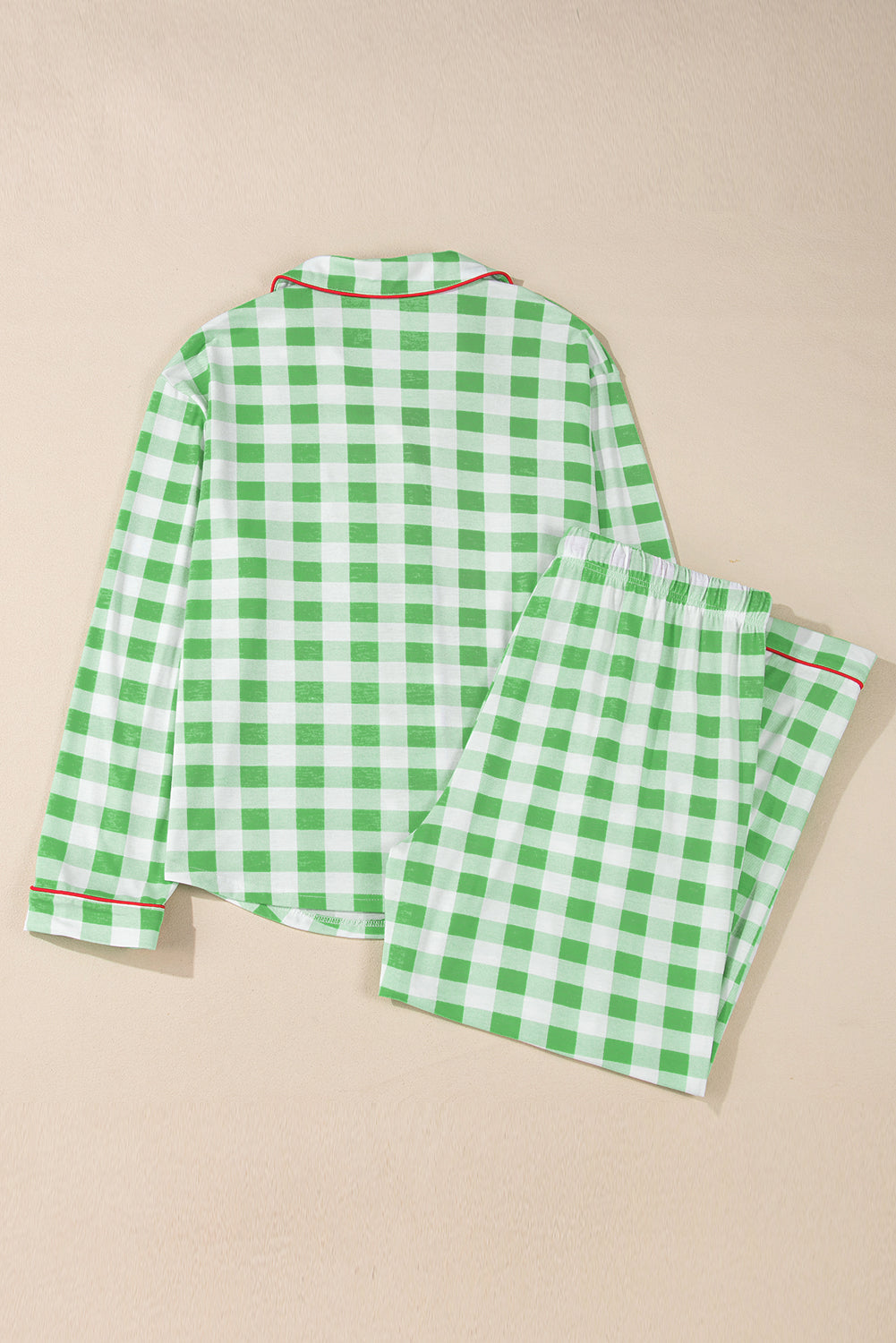 Plus Size Green Long Sleeve Plaid Print Contrast Trim Pajama Set