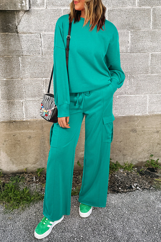 Solid Color Sweater Top and Cargo Pants Set