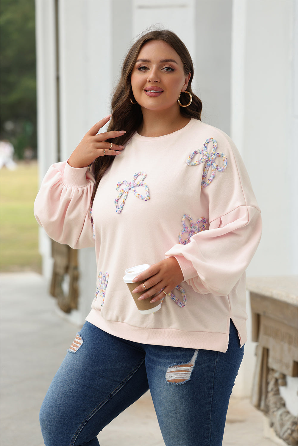 Sweat-shirt oversize à manches lanterne et nœud brodé parchemin