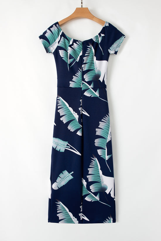 Robe mi-longue moulante bleue à épaules dénudées et fente à motif imprimé