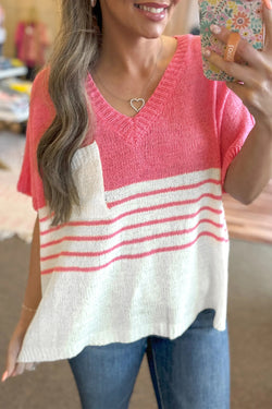 Strawberry Pink Contrast Striped Short Sleeve V-Neck Knitted Top