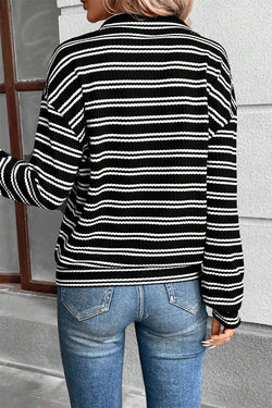 Black Striped Textured Zip Neck Long Sleeve Top