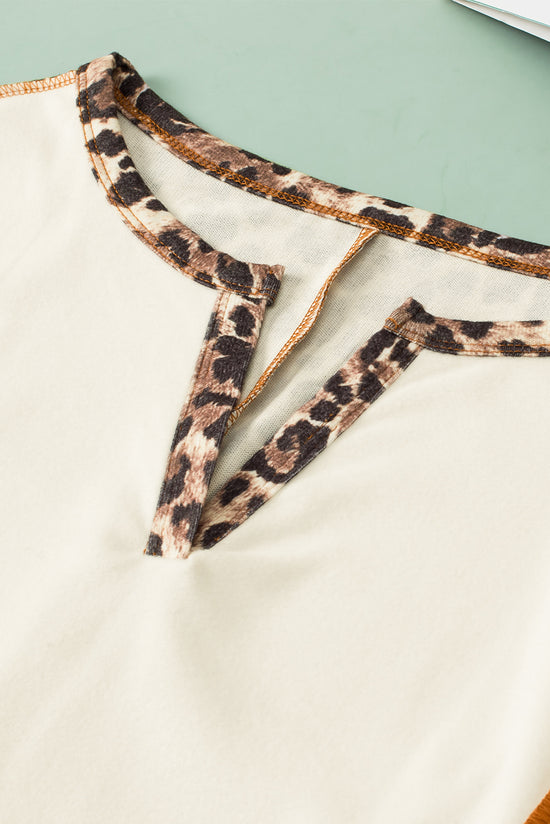 White Leopard Color Block Patchwork Long Sleeve Split Neck Top