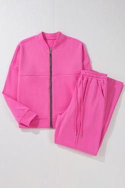 Ensemble veste zippée à coutures unies rose vif et pantalon à taille avec cordon de serrage