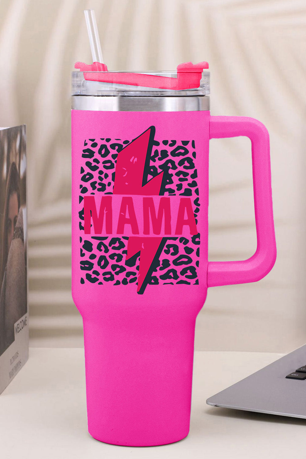 Rose Mama Lightning Leopard Print Straw Tasse isolante en acier inoxydable 40oz