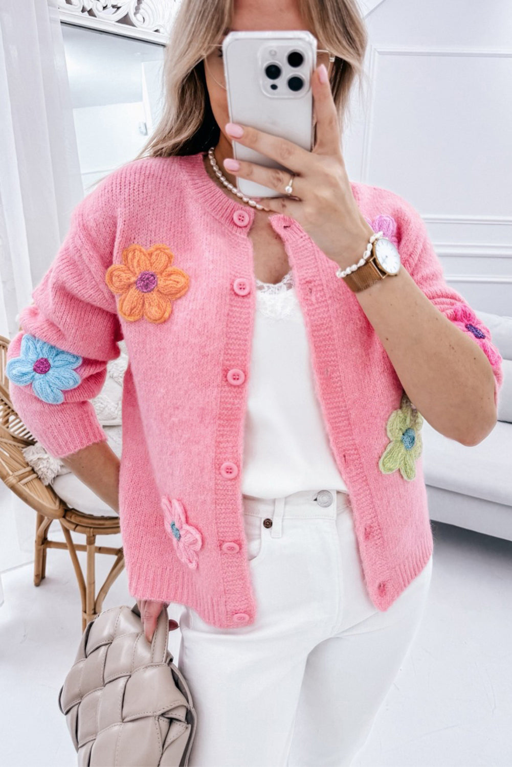 Cardigan boutonné rose à motif floral *-A WOMAN WE LOVE