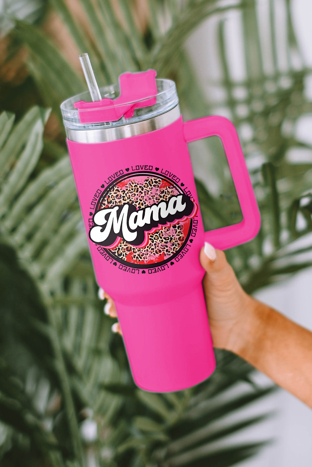 Tasse isolante en acier inoxydable à imprimé léopard Rose Mama avec poignée 40oz