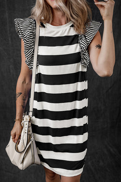 Black t-shirt dress with contrasting stripes and ruffled sleeves