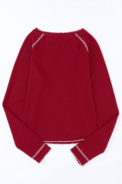 Long -sleeved textured high and bright red round neck *