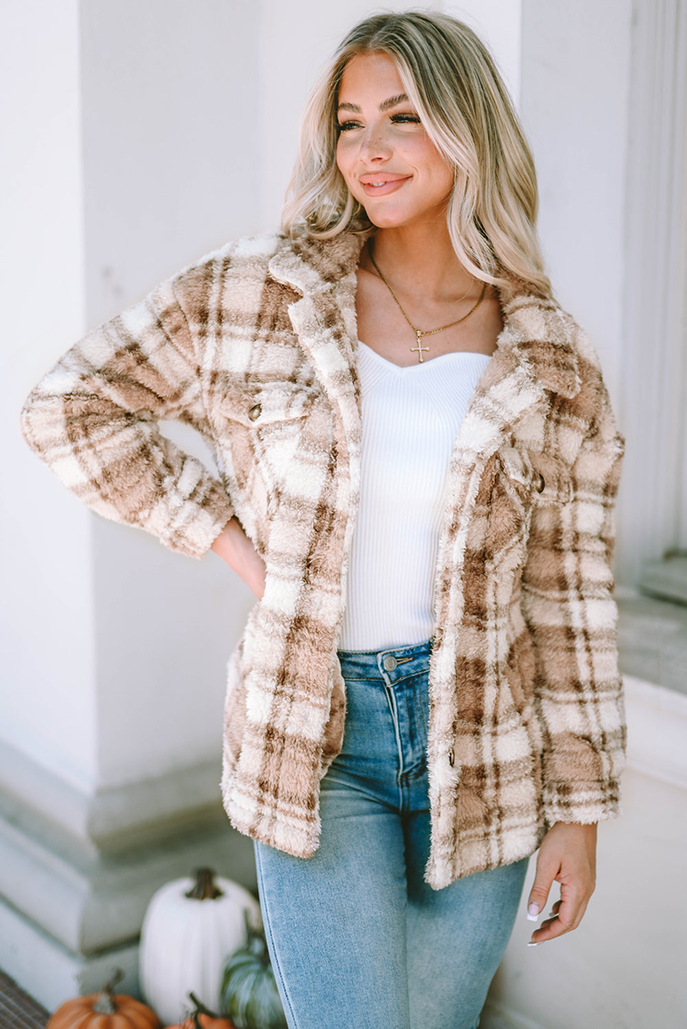 Khaki Sherpa Plaid Button Taschenjacke