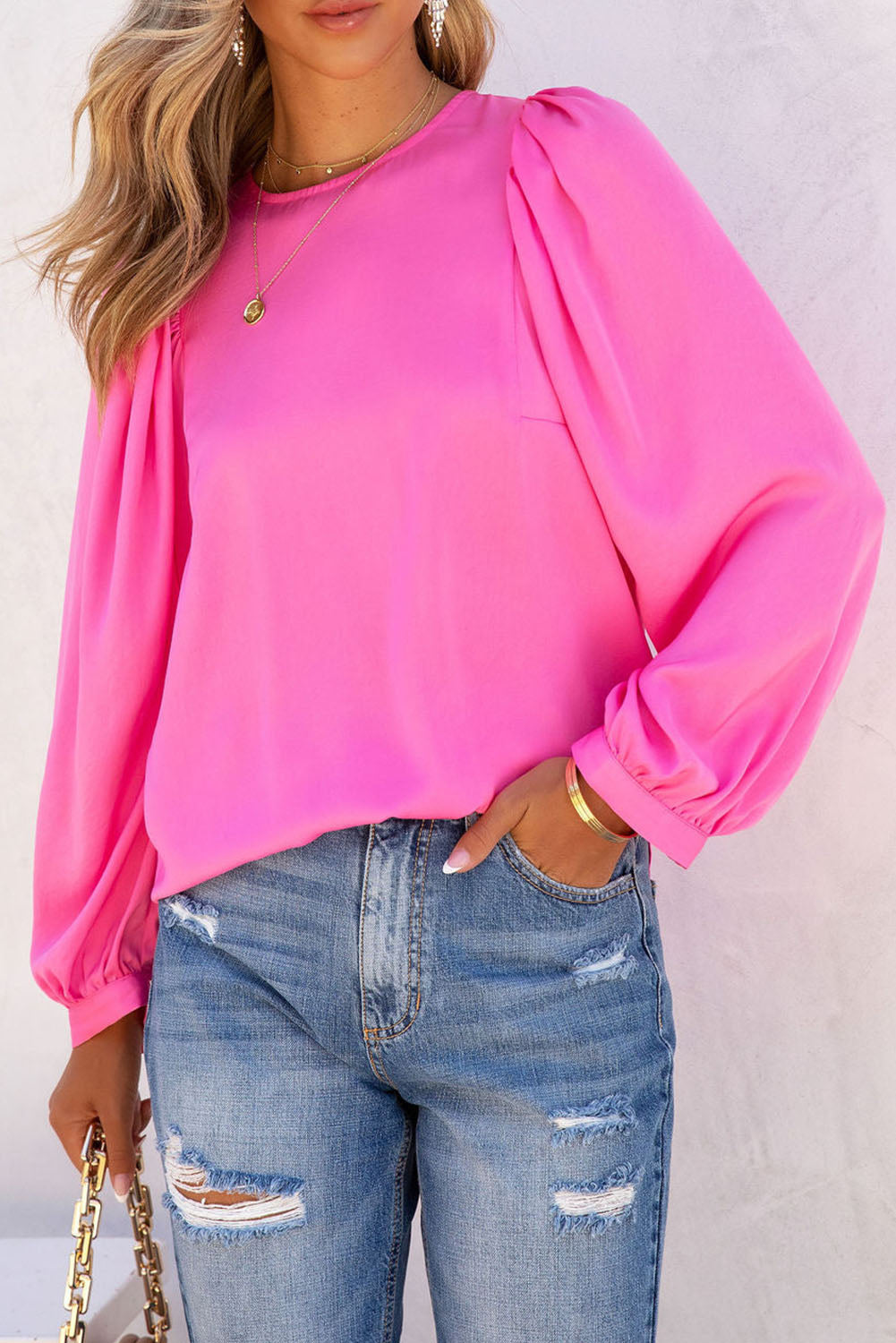 Pink Satin Puff Langarm Crewneck Bluse