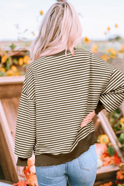 Brown Striped Drop Shoulder Long Sleeve Top