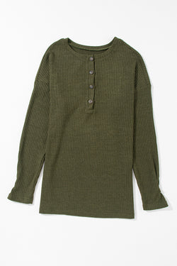 Jungle Green Ribbed Textured Henley Knit Top