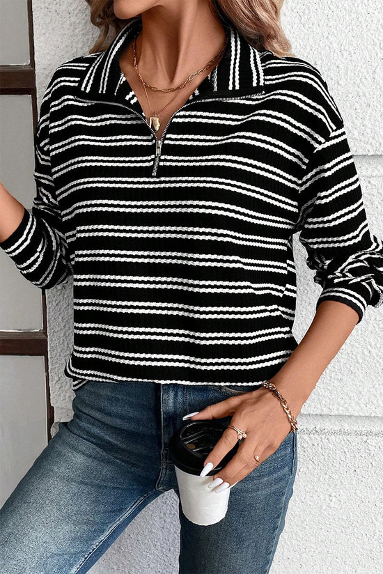 Black Striped Textured Zip Neck Long Sleeve Top