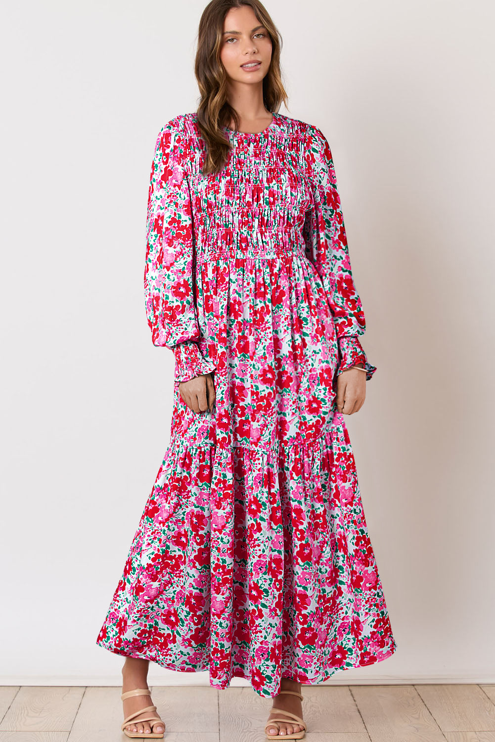 Sky Blue Floral Print Ruffled Lantern Sleeve Smocked Maxi Dress