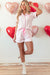 Pink pajama set printed bow tie with short sleeves and ruffle shorts for Valentine's Day