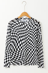 Long -sleeved black top and uphill collar in checkered pattern mesh