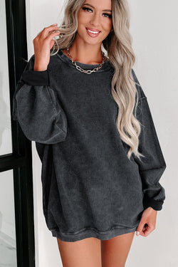 Black plain ribbed knit crew neck sweatshirt