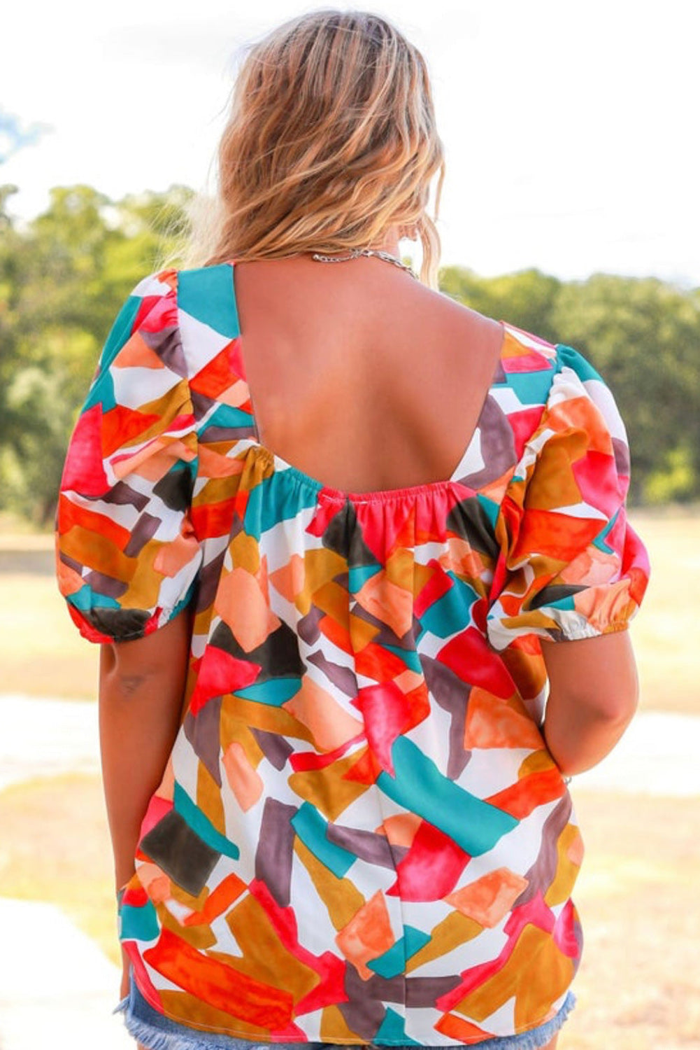 Multicolor Square Neck Abstract Print Short Sleeve Blouse