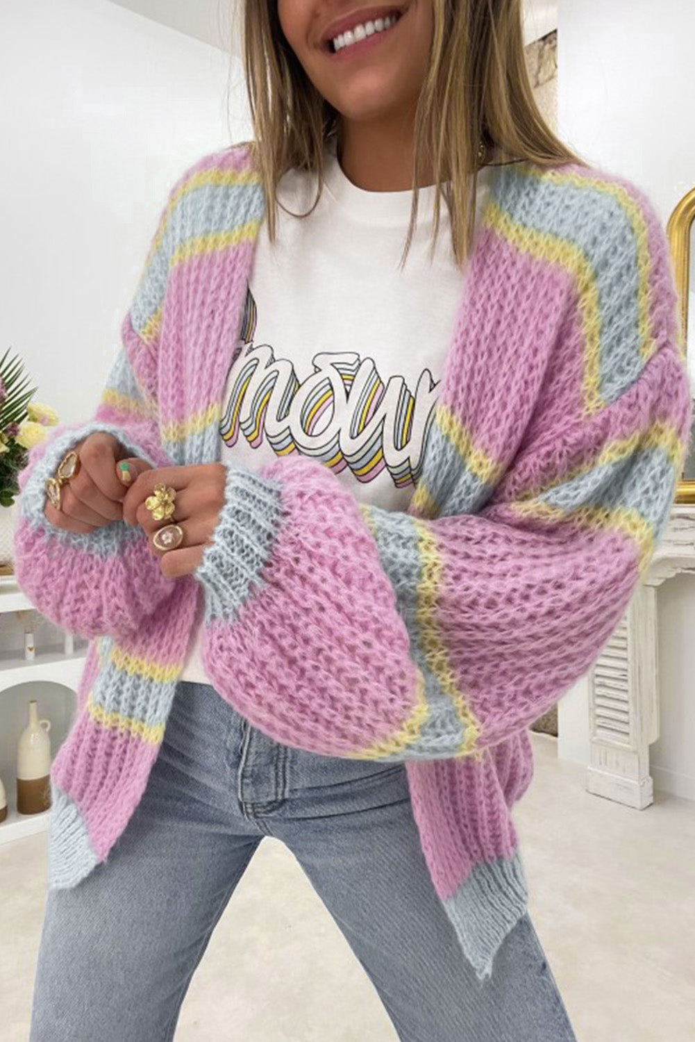 Pink Contrast Stripe Open Front Cable Cardigan