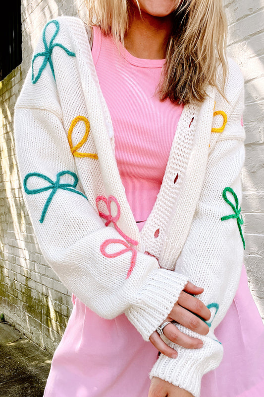 White Knit Drop Shoulder Button Up Cardigan with Bow Tie