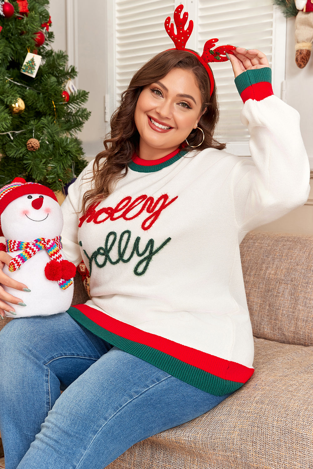 Tinsel Holly Jolly White Color Block Drop Shoulder Sweater Plus Size