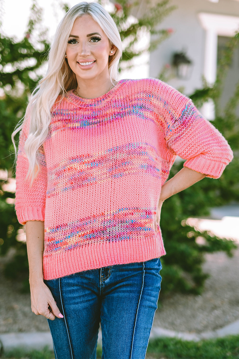 Rose Bunte Streifen 3/4 Ärmel loser Pullover