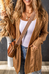 Cardigan kaki en maille torsadée à œillets et bordures côtelées-A WOMAN WE LOVE