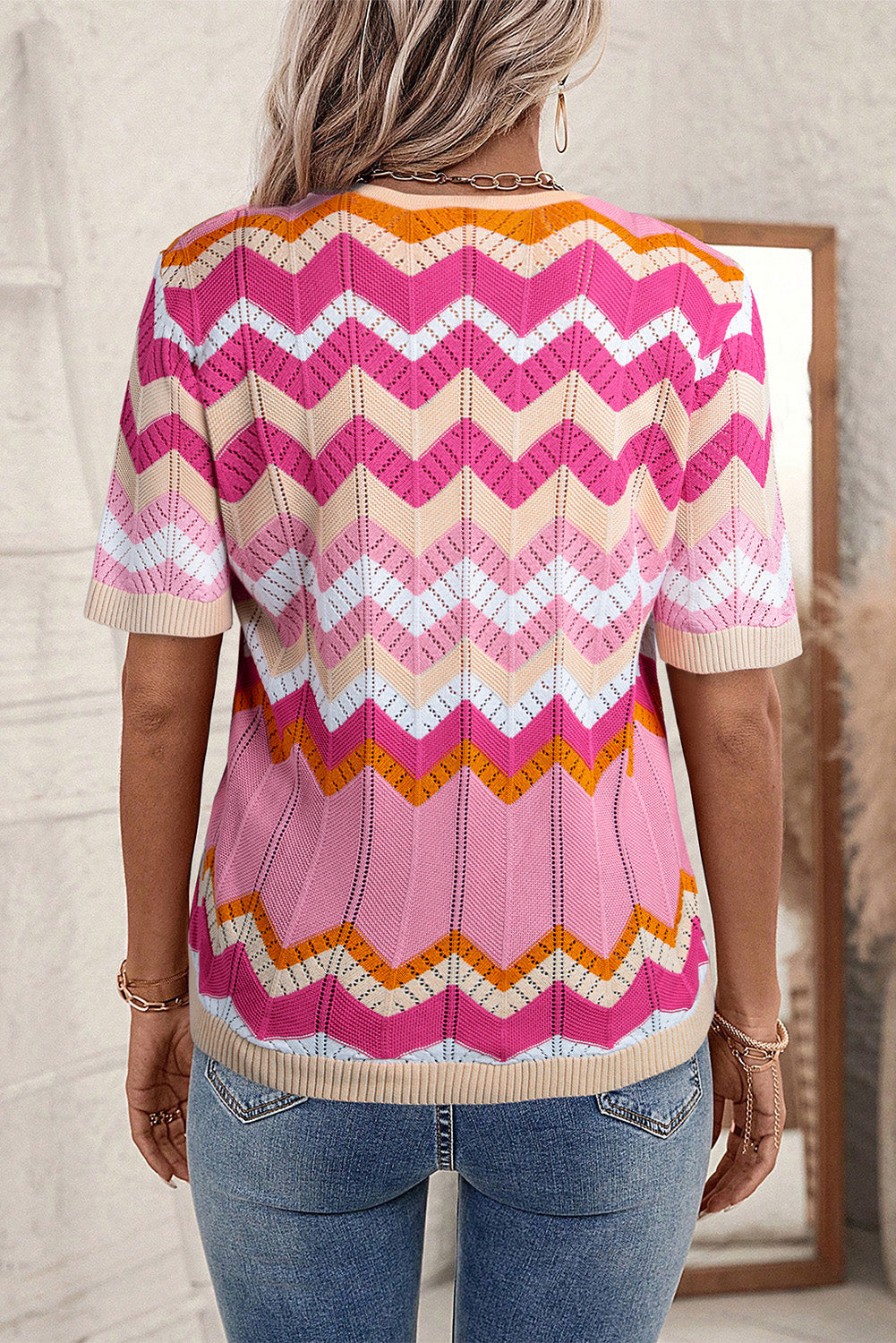 Sweater de manga corta con cuello rosa chevron punkelle