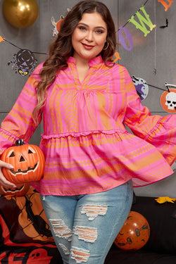 Vitality Orange - Plus Size Geometric Print Bell Sleeve Babydoll Blouse