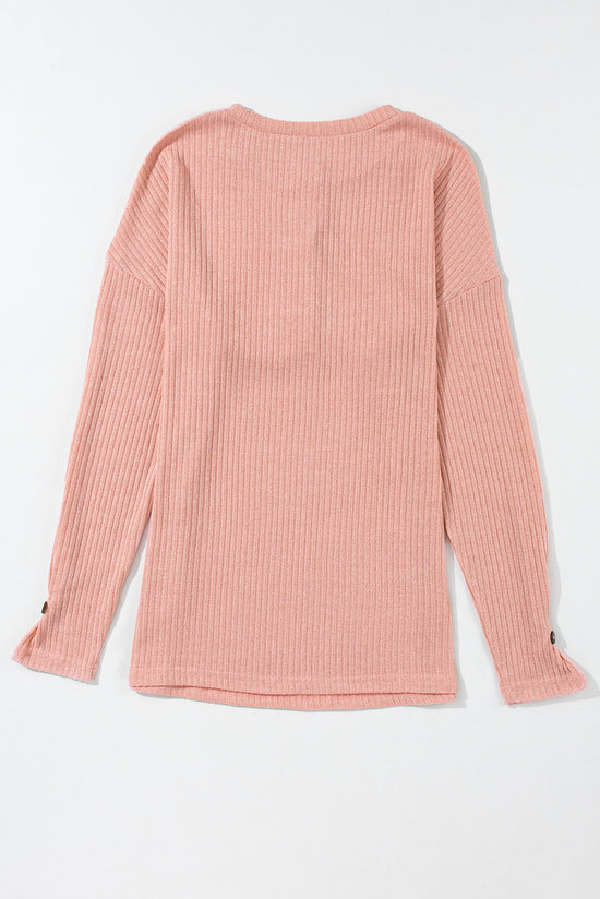 Rose Tan - Ribbed Textured Henley Knit Top