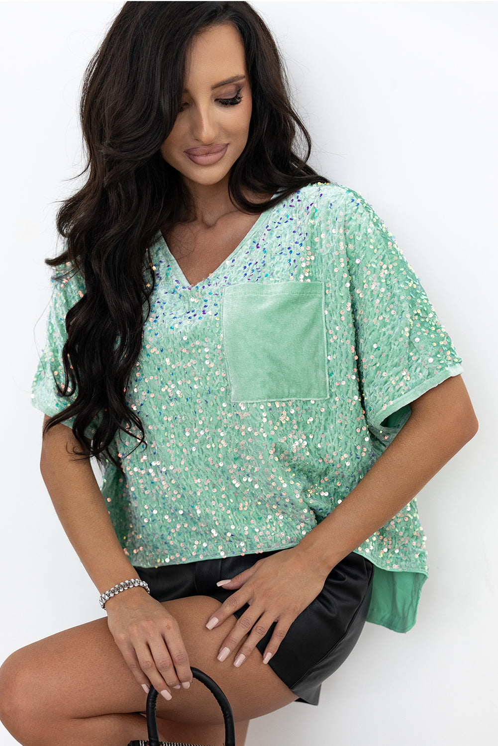 Moonlight Jade Paillistin Batwing Sleeve V Hals Velvet Bluse