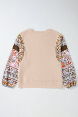 Parchment Contrast Floral Patchwork Puff Sleeve Waffle Knit Top