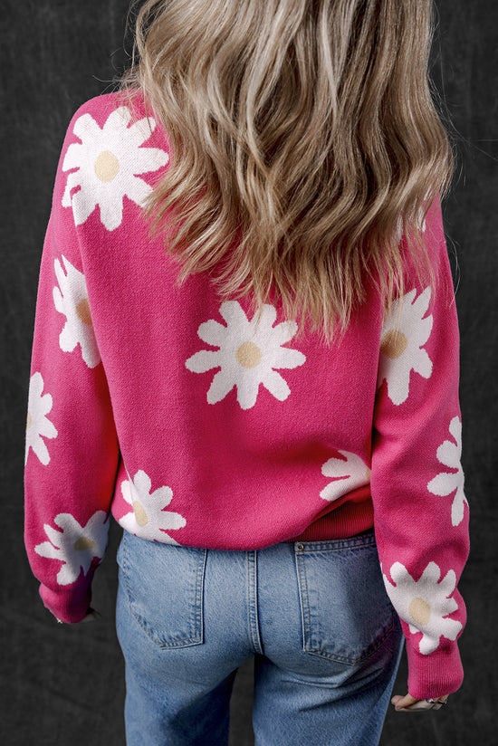 Suéter de manga larga y cuello redondo rosa brillante con flores de margarita