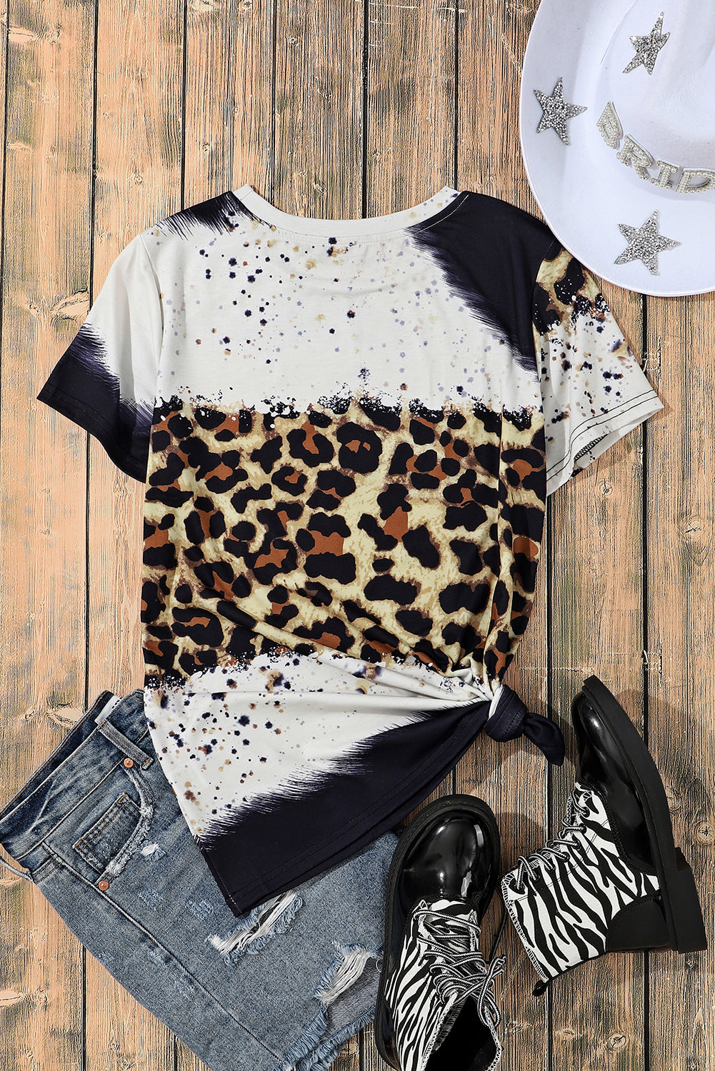 High -white leopard short -sleeved top