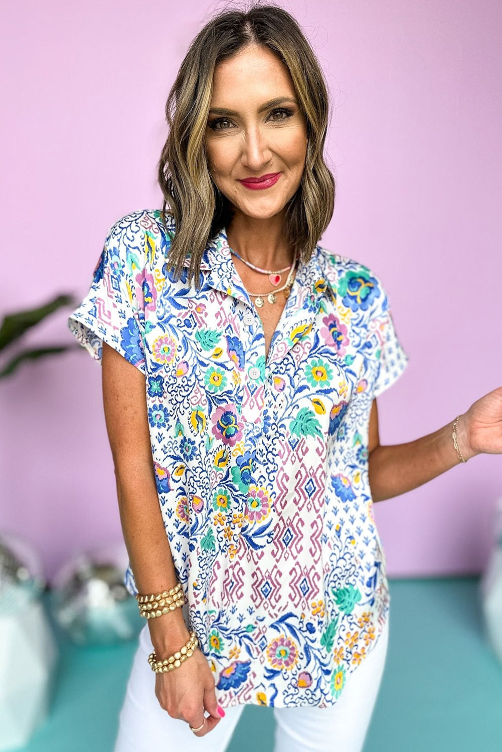 Light Blue Mixed Floral Printed Collared Split Neck Blouse