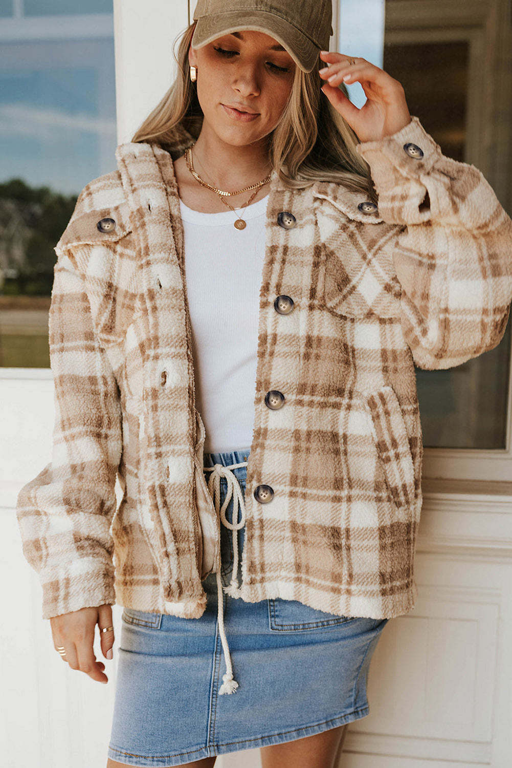 Khaki Sherpa Plaid Button Taschenjacke